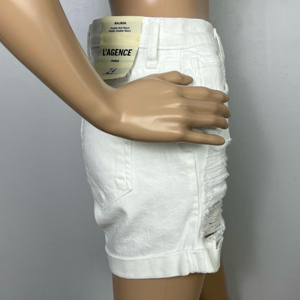 NEW L’AGENCE WHITE DISTRESSED DENIM SHORTS - Picture 5 of 8
